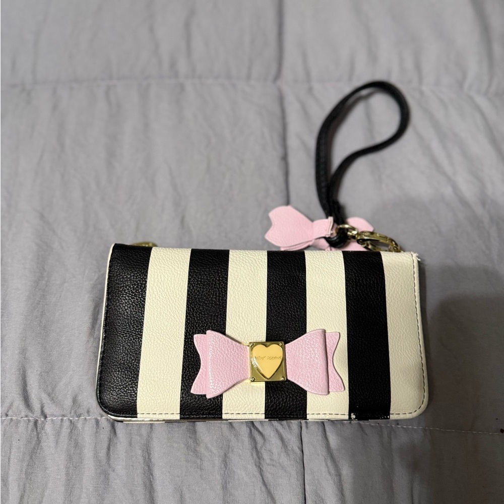 Betsey Johnson Black and White Striped Clutch with Pink Bow